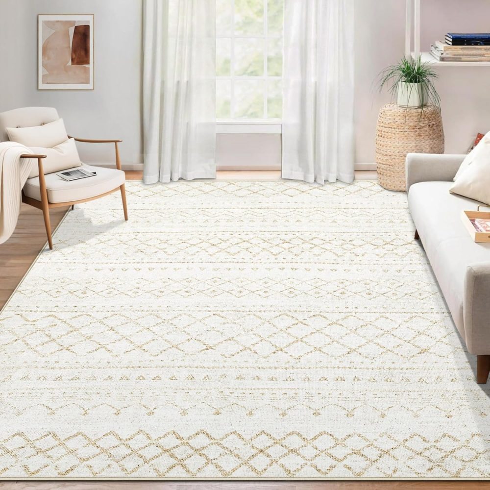 Area Rug for Living Room 6x9: Large Washable Boho Moroccan Rugs Geometric Neutral Rug, Non-Slip Foldable Morden Farmhouse Indoor Floor Carpet for Bedroom Dining Table Home(Beige,6X9)