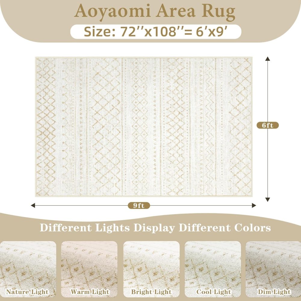 Area Rug for Living Room 6x9: Large Washable Boho Moroccan Rugs Geometric Neutral Rug, Non-Slip Foldable Morden Farmhouse Indoor Floor Carpet for Bedroom Dining Table Home(Beige,6X9) - Image 2