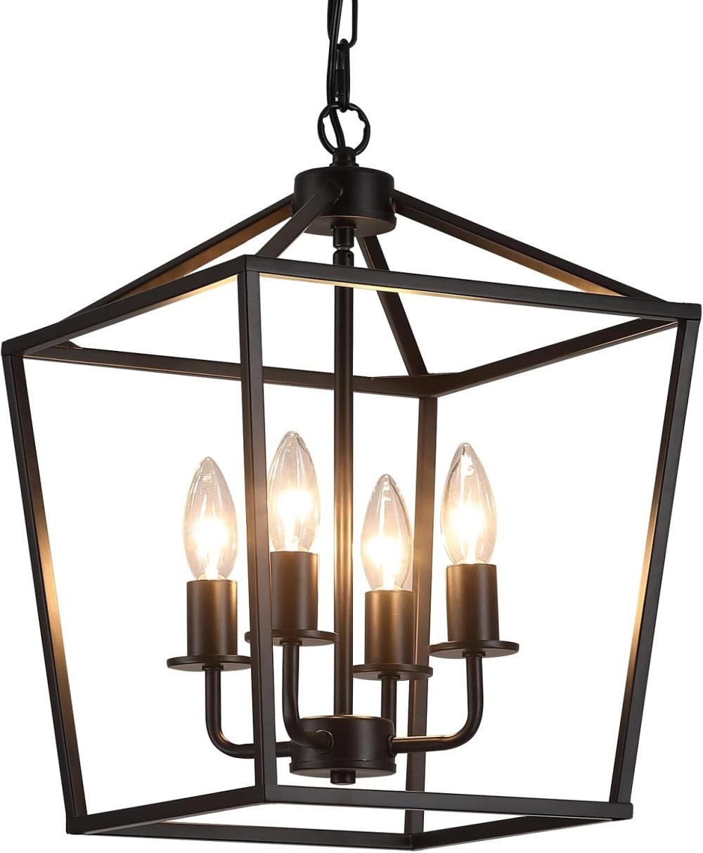 AMZASA UL Listed Black Industrial 4 Light Lantern Chandelier Ceiling Light Fixtures Farmhouse Metal Cage Rustic Geometric Pendant Light for Kitchen Island Entryway Dining Room Stairs and Hallway - Image 2