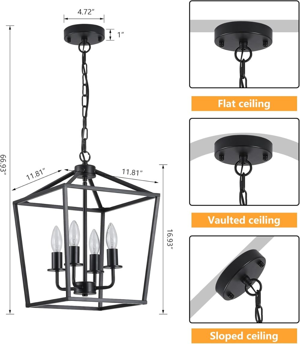AMZASA UL Listed Black Industrial 4 Light Lantern Chandelier Ceiling Light Fixtures Farmhouse Metal Cage Rustic Geometric Pendant Light for Kitchen Island Entryway Dining Room Stairs and Hallway - Image 3