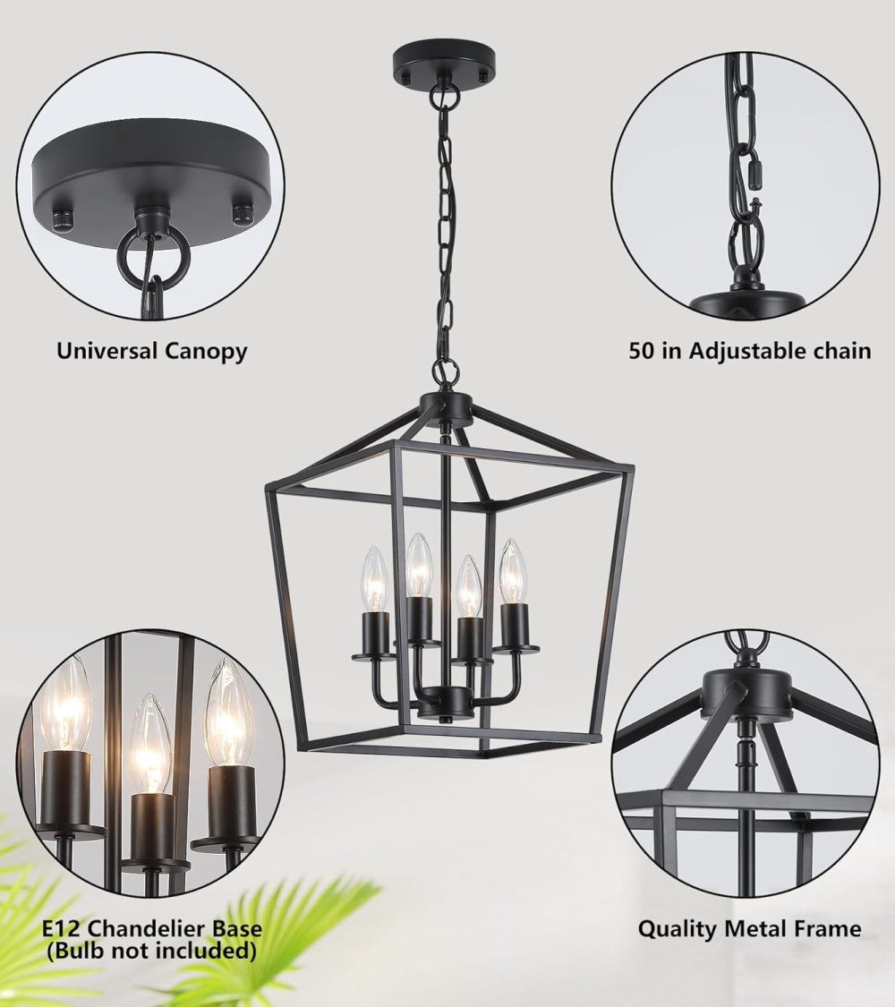 AMZASA UL Listed Black Industrial 4 Light Lantern Chandelier Ceiling Light Fixtures Farmhouse Metal Cage Rustic Geometric Pendant Light for Kitchen Island Entryway Dining Room Stairs and Hallway - Image 5