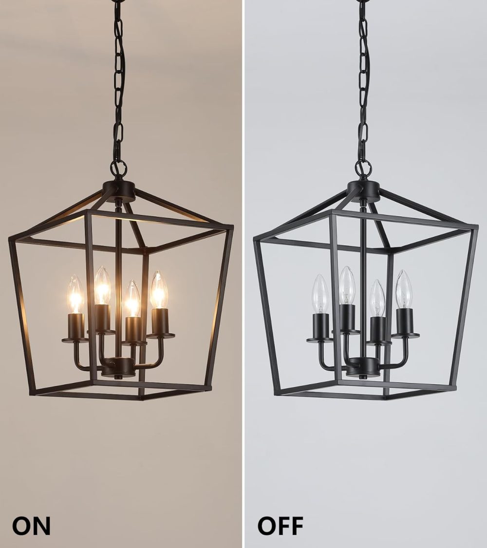 AMZASA UL Listed Black Industrial 4 Light Lantern Chandelier Ceiling Light Fixtures Farmhouse Metal Cage Rustic Geometric Pendant Light for Kitchen Island Entryway Dining Room Stairs and Hallway - Image 6