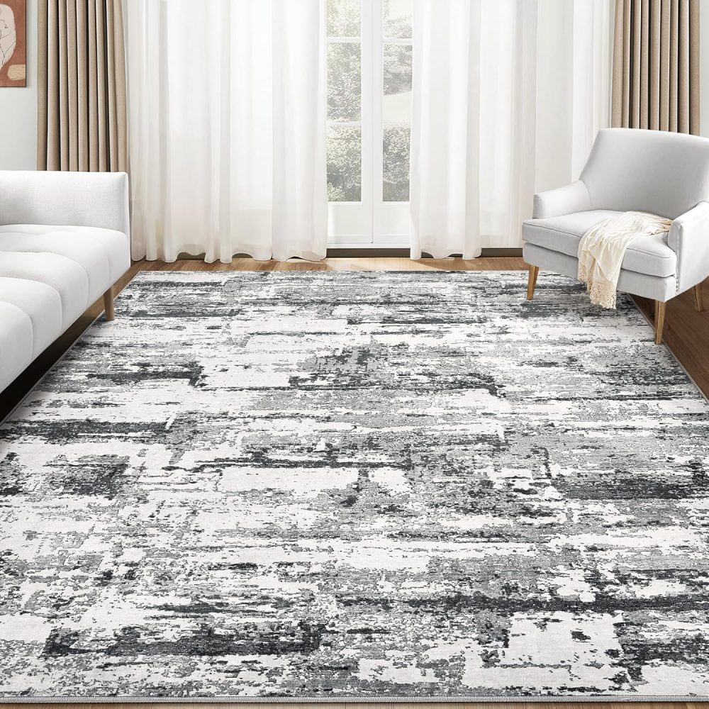 Area Rugs for Living Room: 6x9 Abstract Washable Rug Modern Neutral Large Soft Stain Resistant Non-Slip Backing Machine Table for Bedroom Dining Room Indoor Home Office Carpet - Black Grey