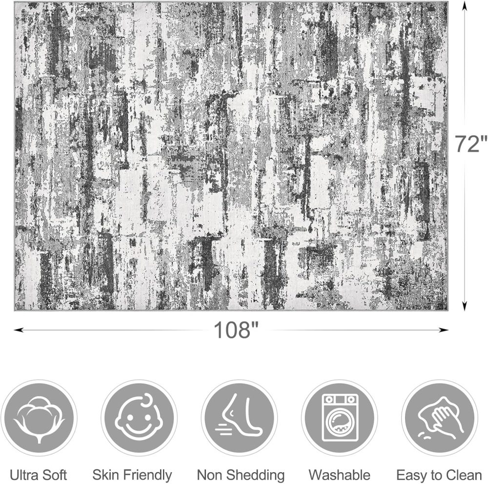Area Rugs for Living Room: 6x9 Abstract Washable Rug Modern Neutral Large Soft Stain Resistant Non-Slip Backing Machine Table for Bedroom Dining Room Indoor Home Office Carpet - Black Grey - Image 2
