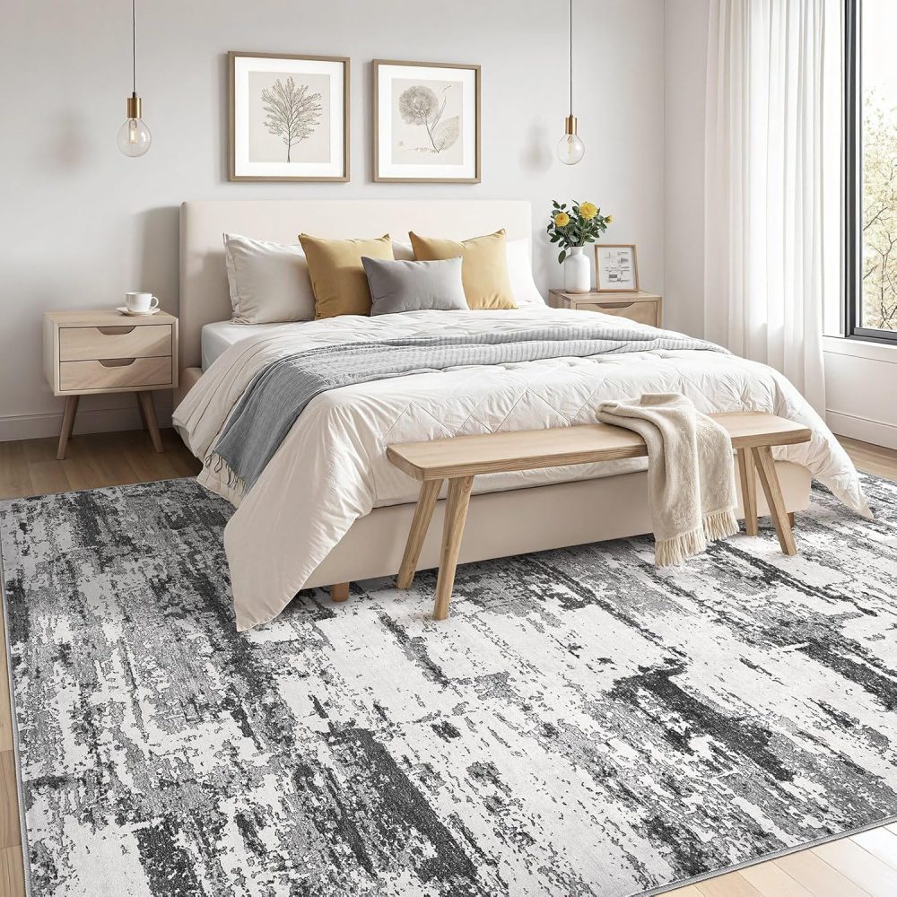 Area Rugs for Living Room: 6x9 Abstract Washable Rug Modern Neutral Large Soft Stain Resistant Non-Slip Backing Machine Table for Bedroom Dining Room Indoor Home Office Carpet - Black Grey - Image 3