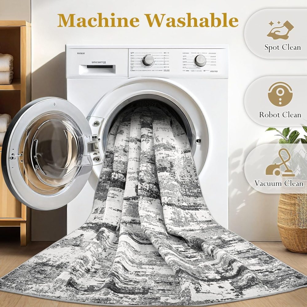 Area Rugs for Living Room: 6x9 Abstract Washable Rug Modern Neutral Large Soft Stain Resistant Non-Slip Backing Machine Table for Bedroom Dining Room Indoor Home Office Carpet - Black Grey - Image 4