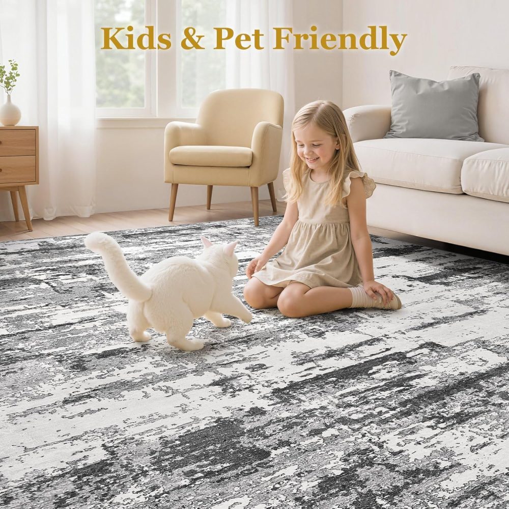 Area Rugs for Living Room: 6x9 Abstract Washable Rug Modern Neutral Large Soft Stain Resistant Non-Slip Backing Machine Table for Bedroom Dining Room Indoor Home Office Carpet - Black Grey - Image 5