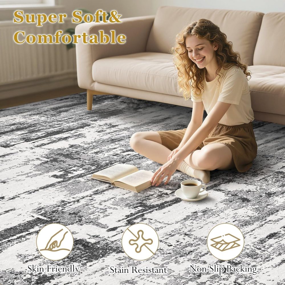 Area Rugs for Living Room: 6x9 Abstract Washable Rug Modern Neutral Large Soft Stain Resistant Non-Slip Backing Machine Table for Bedroom Dining Room Indoor Home Office Carpet - Black Grey - Image 6