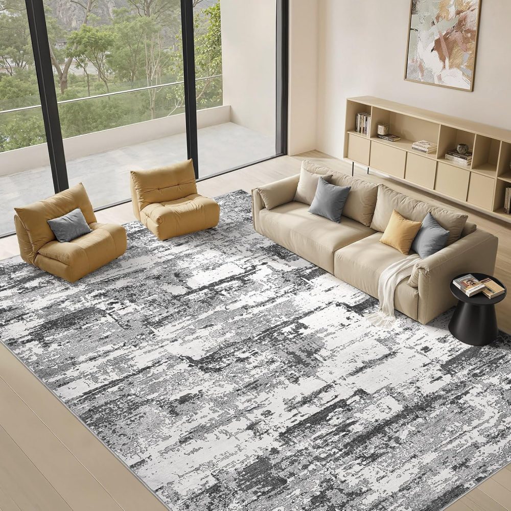 Area Rugs for Living Room: 6x9 Abstract Washable Rug Modern Neutral Large Soft Stain Resistant Non-Slip Backing Machine Table for Bedroom Dining Room Indoor Home Office Carpet - Black Grey - Image 7