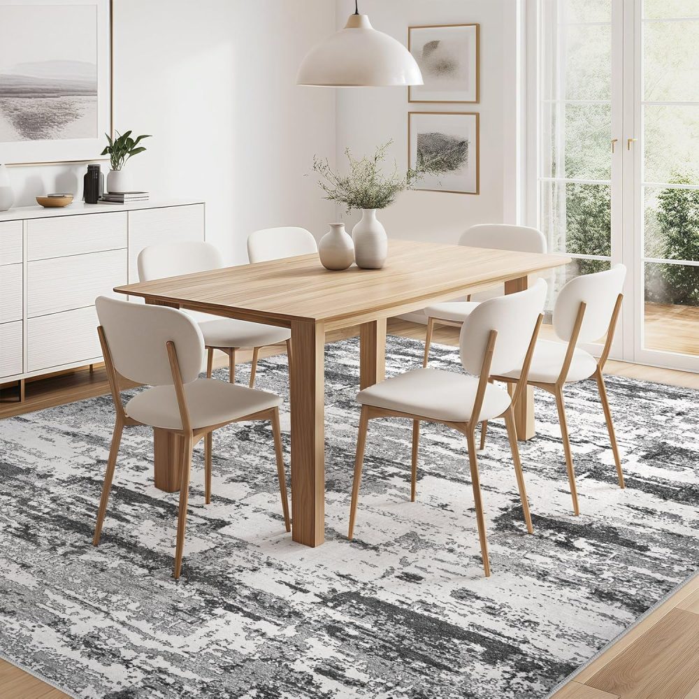 Area Rugs for Living Room: 6x9 Abstract Washable Rug Modern Neutral Large Soft Stain Resistant Non-Slip Backing Machine Table for Bedroom Dining Room Indoor Home Office Carpet - Black Grey - Image 8