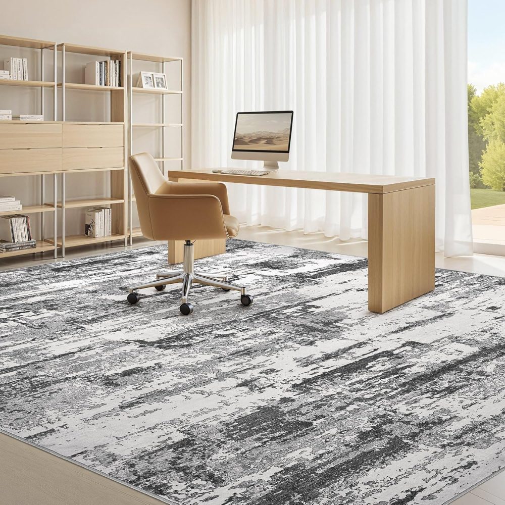 Area Rugs for Living Room: 6x9 Abstract Washable Rug Modern Neutral Large Soft Stain Resistant Non-Slip Backing Machine Table for Bedroom Dining Room Indoor Home Office Carpet - Black Grey - Image 9