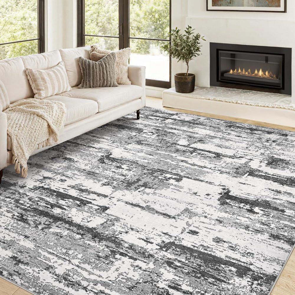 Area Rugs for Living Room: 6x9 Abstract Washable Rug Modern Neutral Large Soft Stain Resistant Non-Slip Backing Machine Table for Bedroom Dining Room Indoor Home Office Carpet - Black Grey - Image 10