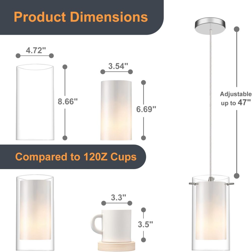 Modern Glass Pendant Light 2 Pack, Adjustable Hanging Pendant Lighting Kitchen Lights Island Dining Room Bathroom Bar, Brushed Nickel Finish - Image 5