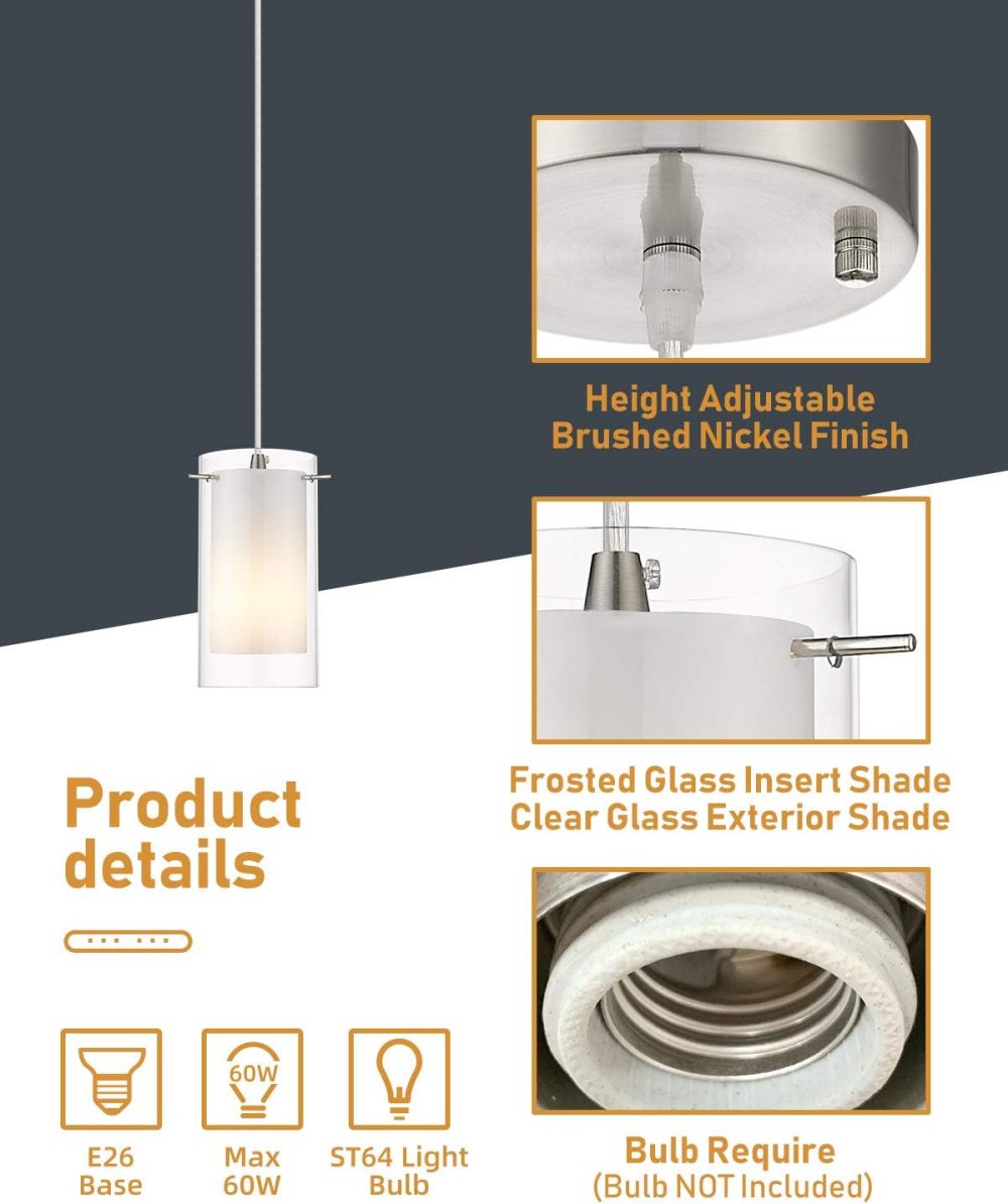 Modern Glass Pendant Light 2 Pack, Adjustable Hanging Pendant Lighting Kitchen Lights Island Dining Room Bathroom Bar, Brushed Nickel Finish - Image 6