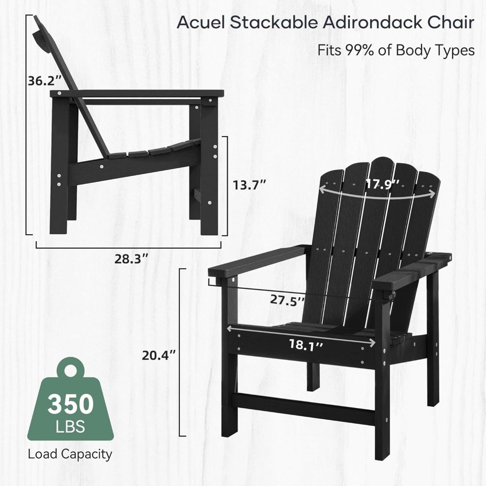 Stackable HDPE Adirondack Chairs Set of 2 – Durable, Weather-Resistant Outdoor Patio Seating, Low Maintenance Poly Lumber Chairs for Porch, Deck, Garden, Fire Pit (Black) - Image 3