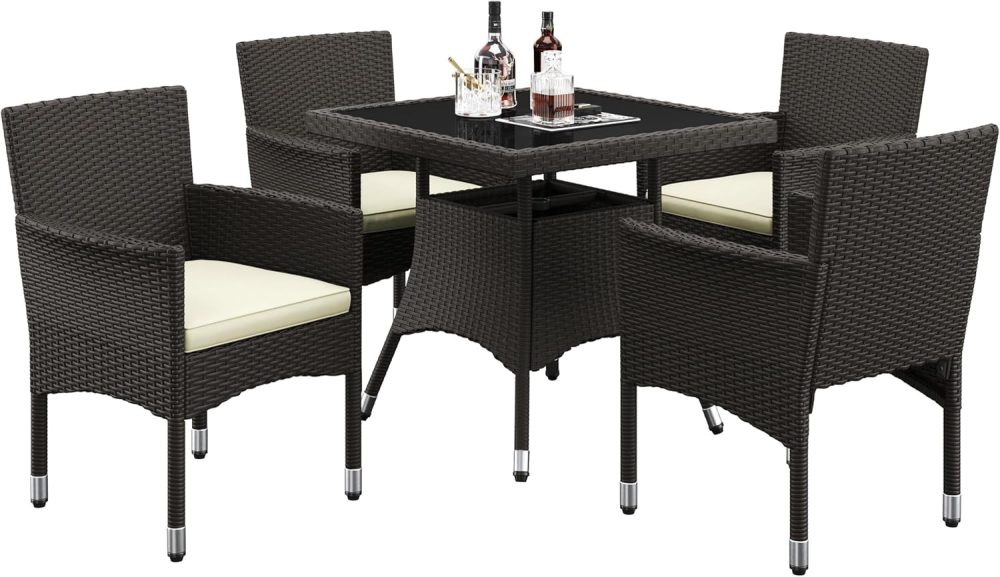 Yaheetech 5-Piece Patio Furniture Set, Outdoor Rattan 4 Dining Chairs & Tempered Glass Table with Umbrella Hole, for Garden Backyard Deck Balcony, Brown/Beige
