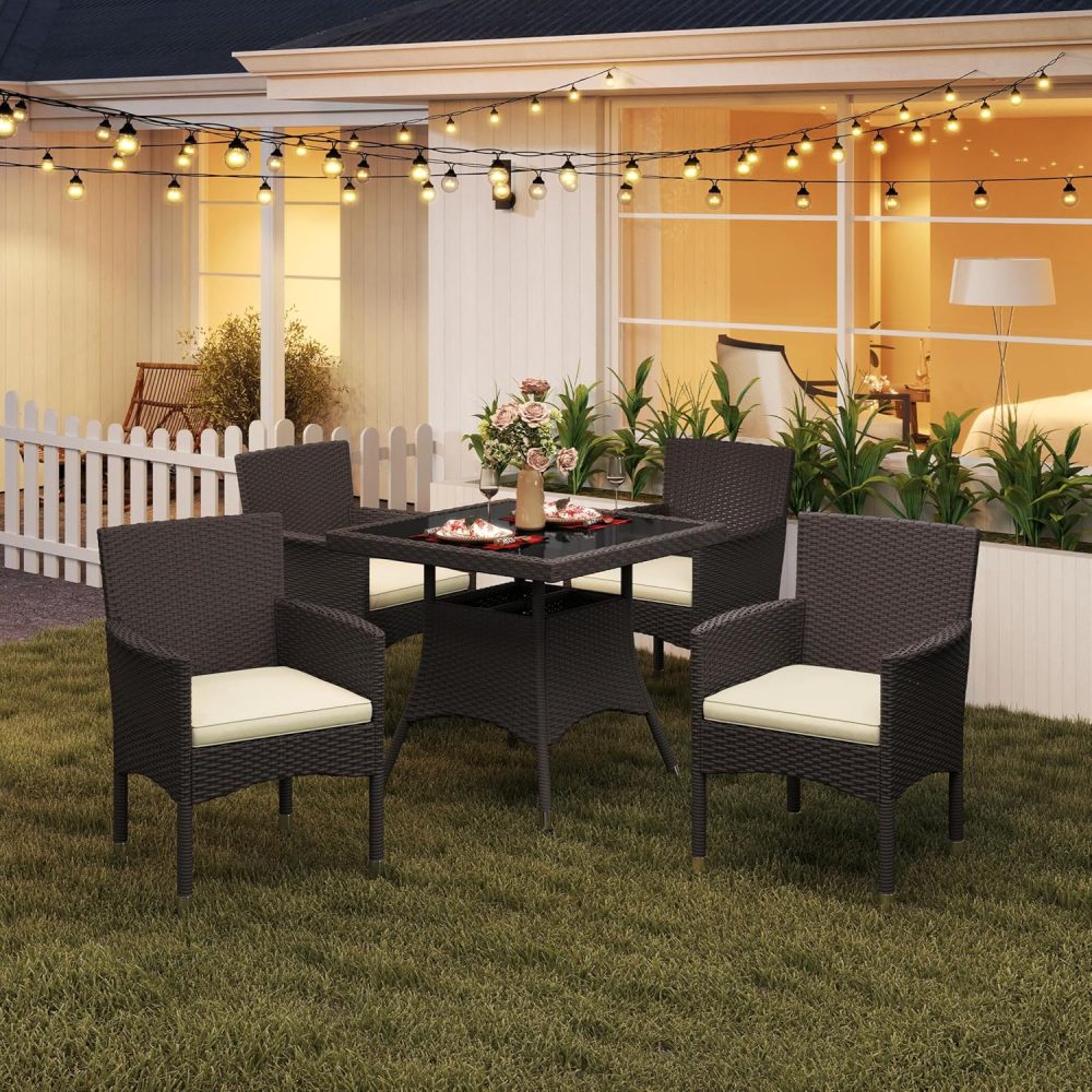 Yaheetech 5-Piece Patio Furniture Set, Outdoor Rattan 4 Dining Chairs & Tempered Glass Table with Umbrella Hole, for Garden Backyard Deck Balcony, Brown/Beige - Image 2
