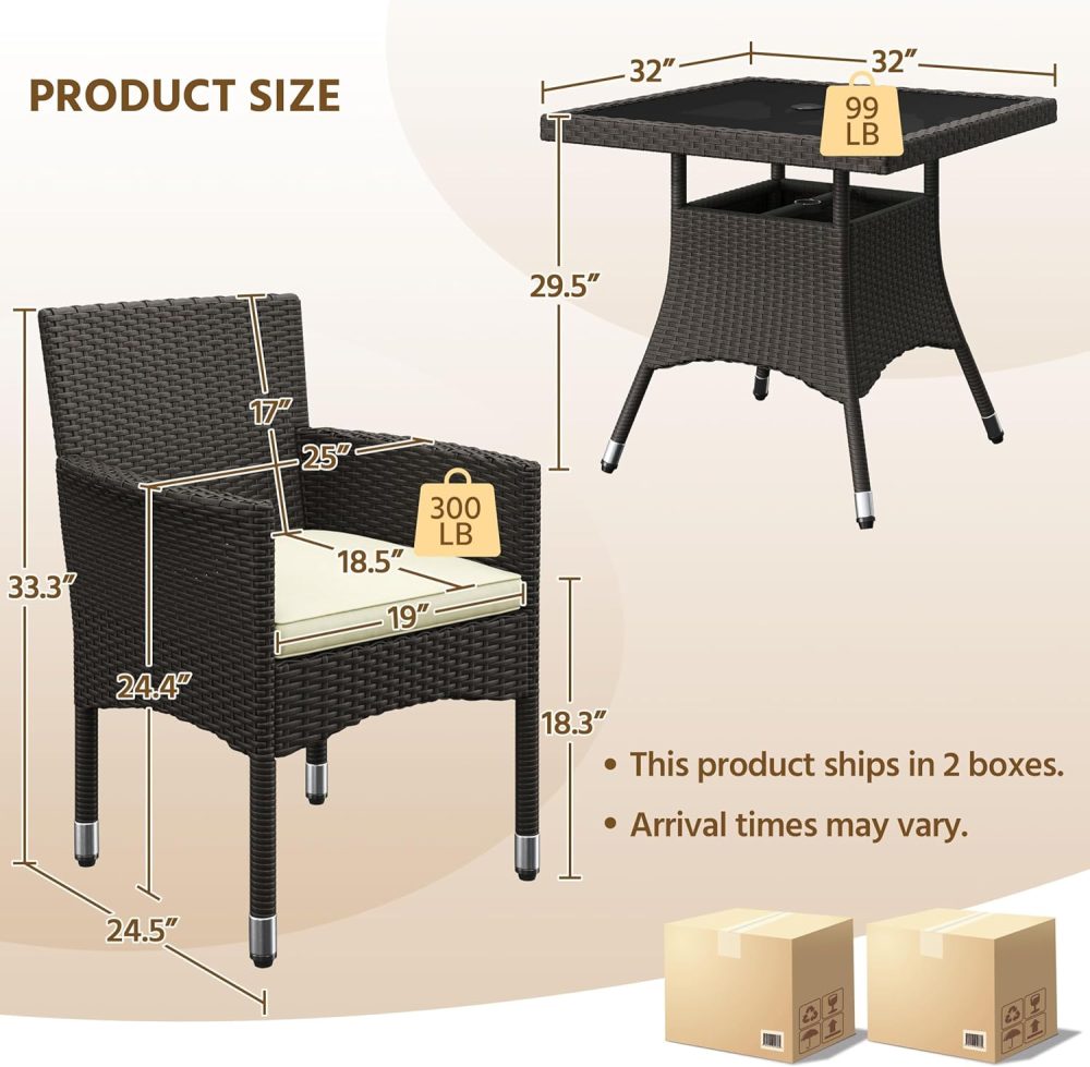Yaheetech 5-Piece Patio Furniture Set, Outdoor Rattan 4 Dining Chairs & Tempered Glass Table with Umbrella Hole, for Garden Backyard Deck Balcony, Brown/Beige - Image 3