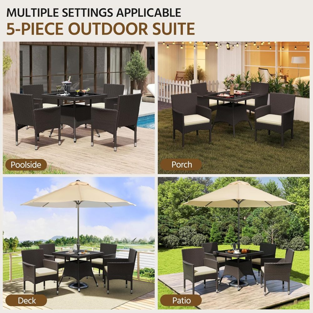 Yaheetech 5-Piece Patio Furniture Set, Outdoor Rattan 4 Dining Chairs & Tempered Glass Table with Umbrella Hole, for Garden Backyard Deck Balcony, Brown/Beige - Image 4